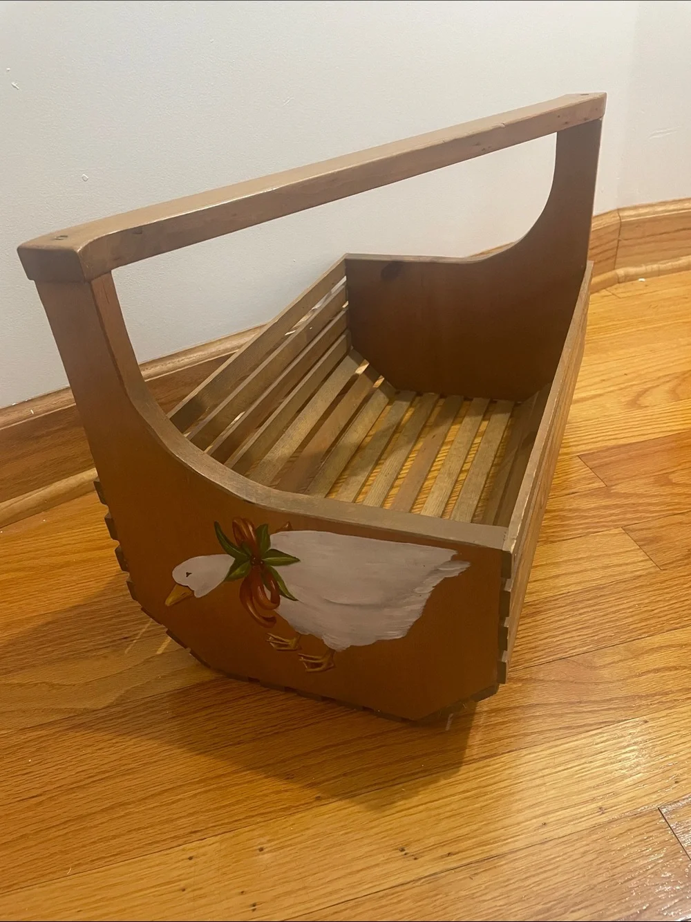 Hand-Painted Brown Wooden Basket Crate with White Duck Accent